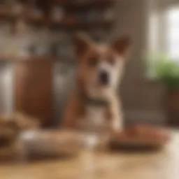 A dog sitting in front of a bowl filled with bland food for gastrointestinal recovery.