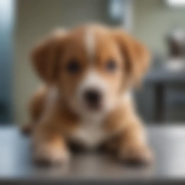 A concerned puppy lying on a vet's examination table, showcasing symptoms of diarrhea.