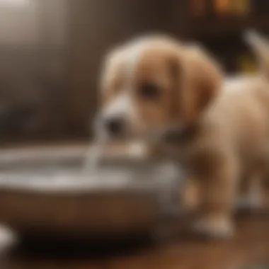 A water bowl with a puppy drinking, highlighting the importance of hydration.