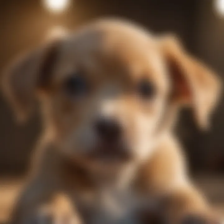 A close-up of a playful puppy showing signs of discomfort.