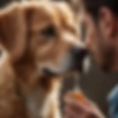 Owner administering ear drops to a dog