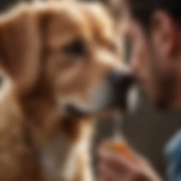 Owner administering ear drops to a dog