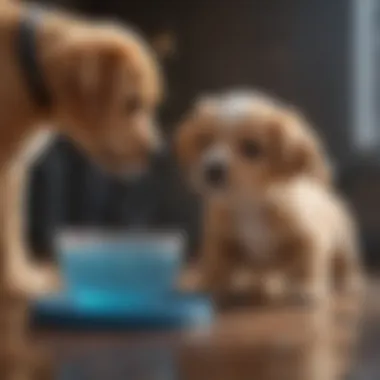 Water bowl beside a playful puppy