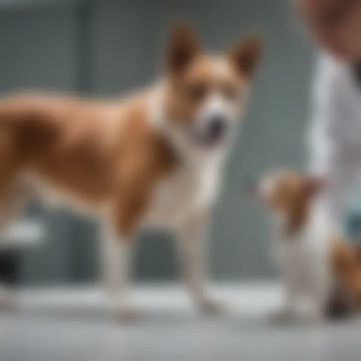 Veterinarian examining a dog in a clinic setting.