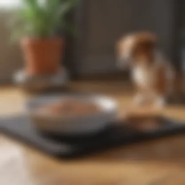 Dog food and water bowls on a clean mat.