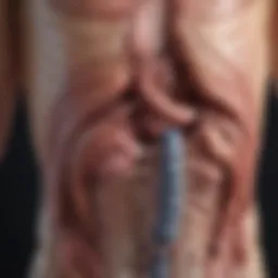 An anatomical diagram illustrating the digestive system with highlighted areas prone to obstruction.
