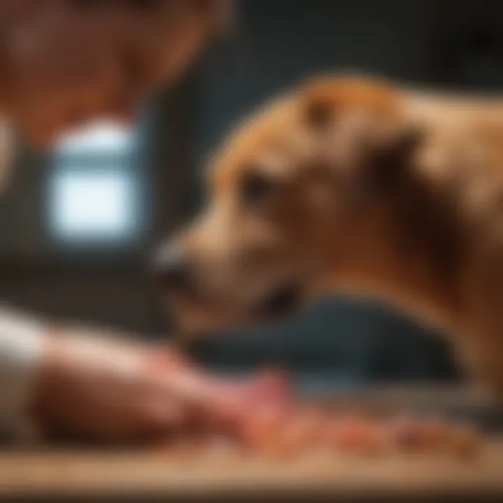 A veterinarian examining a dog's abdomen