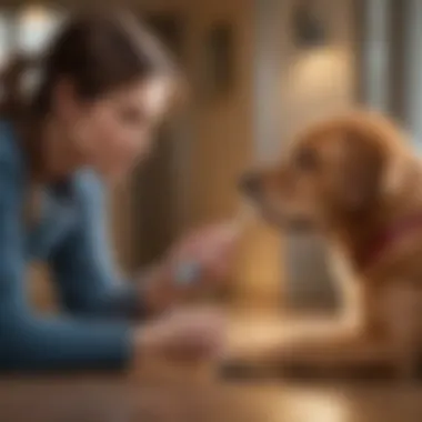 A pet owner examining their dog for symptoms of vomiting and diarrhea.