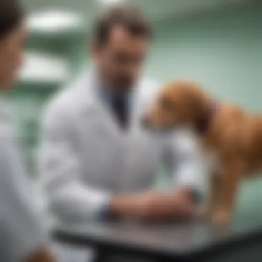 A veterinarian examining a dog in a clinic setting.