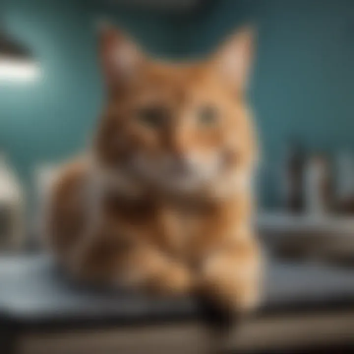 A cat lying on a veterinary examination table, appearing lethargic