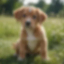 A playful puppy sitting in a grassy field, showing signs of discomfort.