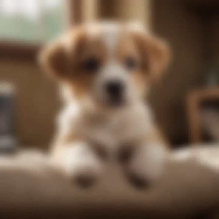 A serene puppy resting in a cozy environment, depicting stress relief.