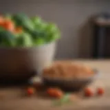 A close-up of a healthy pet food bowl filled with kibble and fresh vegetables.