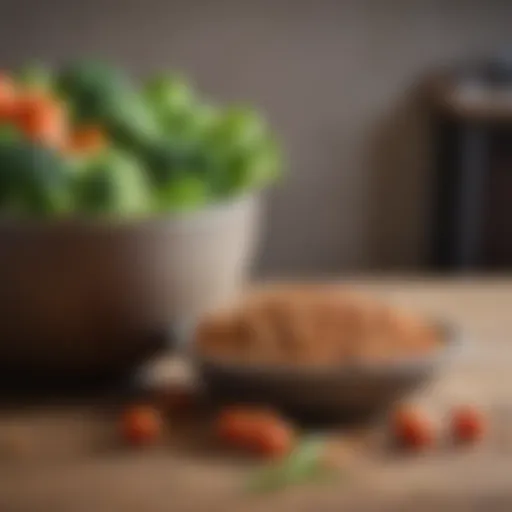 A close-up of a healthy pet food bowl filled with kibble and fresh vegetables.