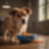A dog showing signs of discomfort with a bowl of food nearby