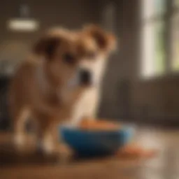 A dog showing signs of discomfort with a bowl of food nearby