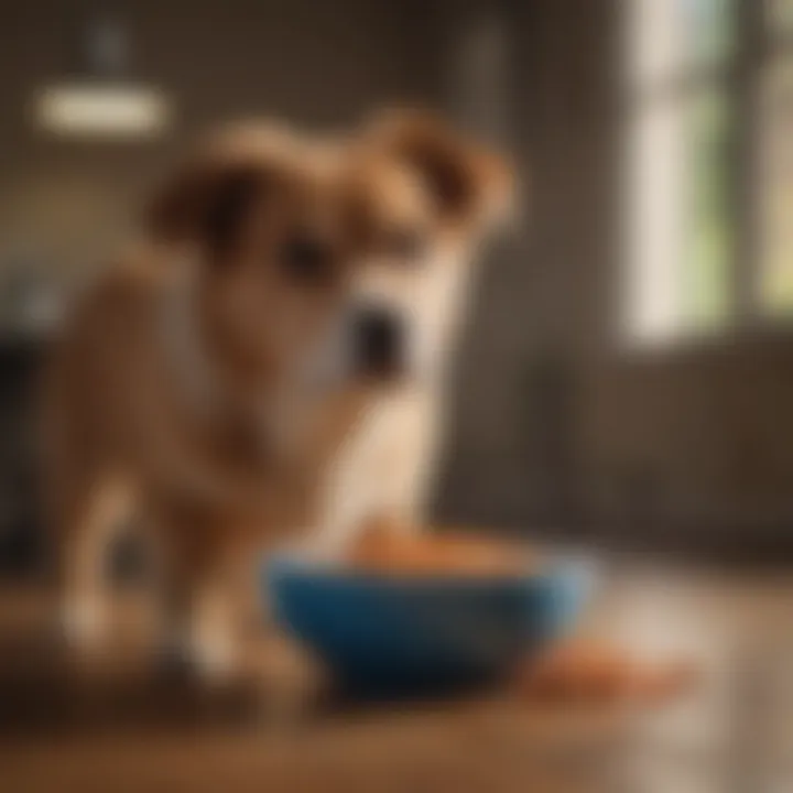 A dog showing signs of discomfort with a bowl of food nearby