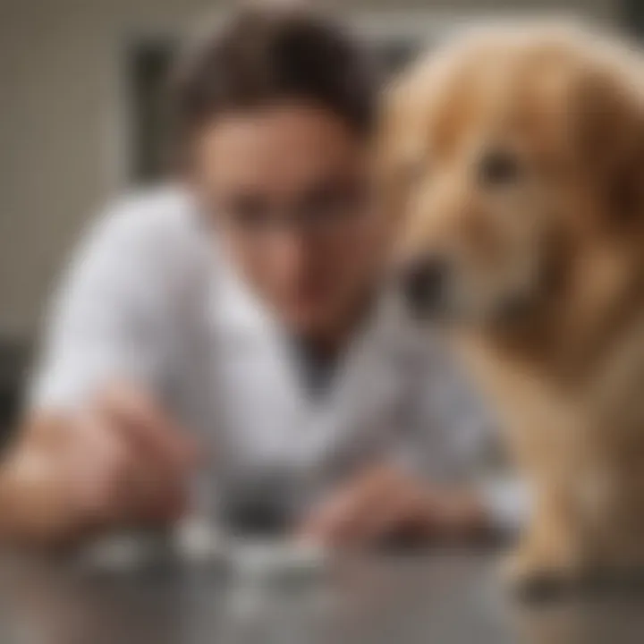 A veterinarian examining a dog to identify symptoms of vomiting and diarrhea.