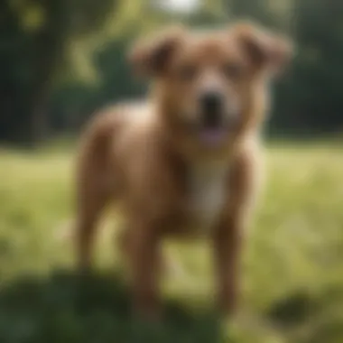 A dog with clear diarrhea in a grassy area