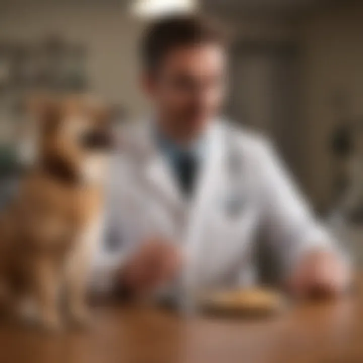 An illustration showing a veterinarian consulting with a pet owner regarding gastrointestinal health.