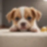 A playful three-week-old puppy with a concerned expression.