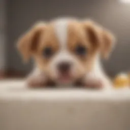 A playful three-week-old puppy with a concerned expression.