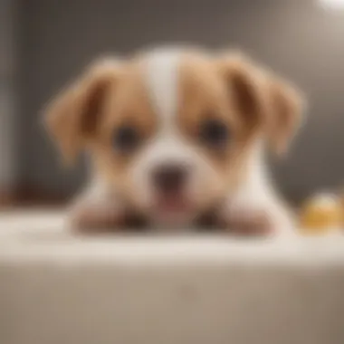 A playful three-week-old puppy with a concerned expression.