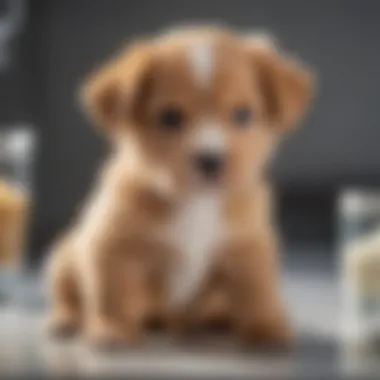 A veterinarian examining a young puppy for gastrointestinal issues.