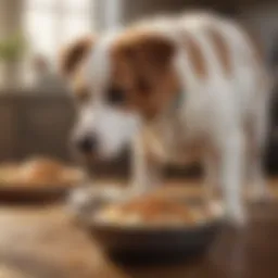 A dog happily eating a bowl of rice and chicken, indicating a suitable diet for diarrhea management.