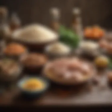 Natural remedies displayed on a table, including plain rice and boiled chicken