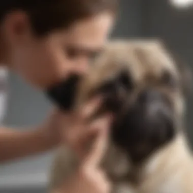 Veterinary Examination of Pug Ears Veterinarian examining a pug's ear for infection