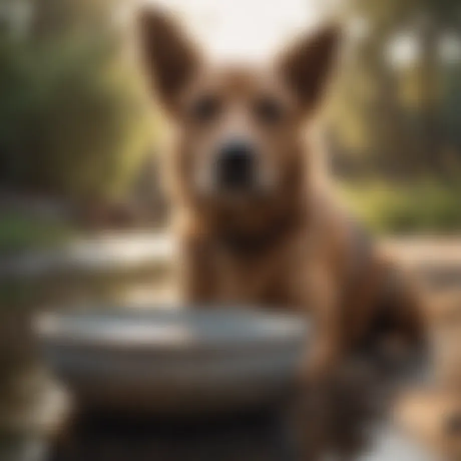 A dog with a concerned expression, sitting near a bowl of water