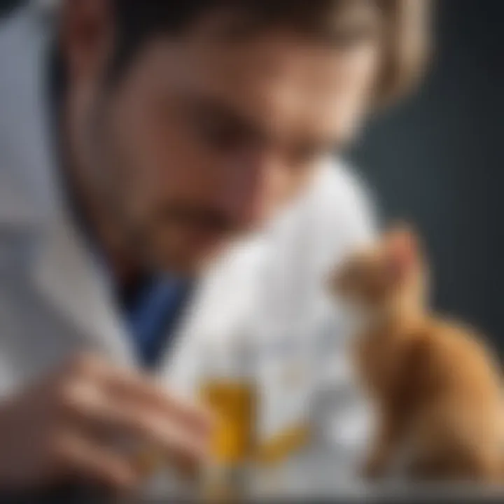 Image depicting a veterinarian examining a cat's urine sample under a microscope.