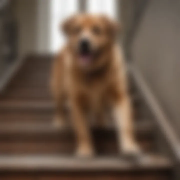 A large breed dog struggling to climb stairs.