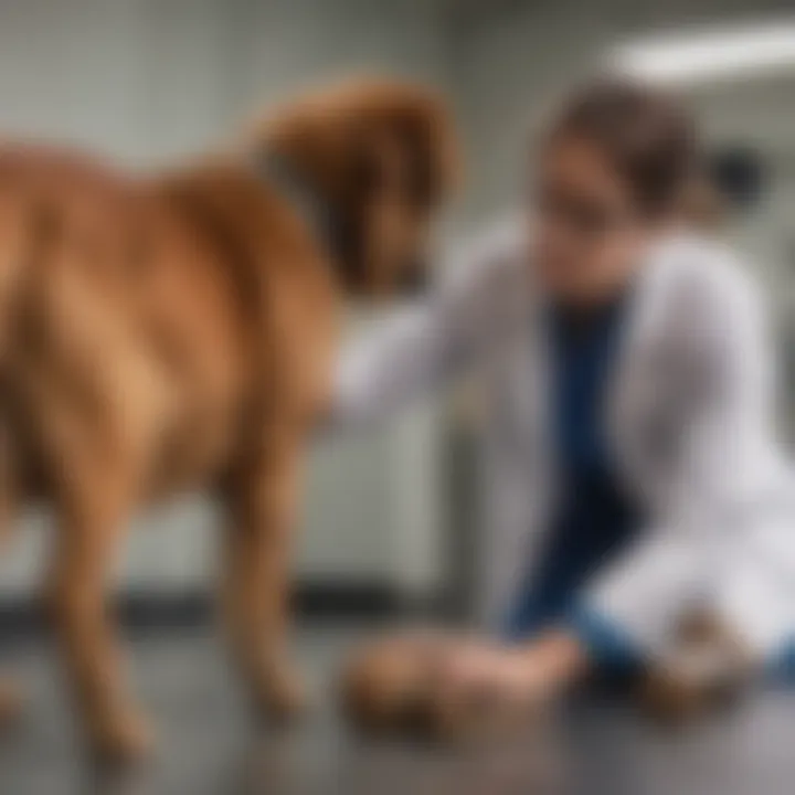 A veterinarian examining a dog's hips during a check-up.