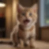 A curious kitten exhibiting panting behavior in a cozy home environment