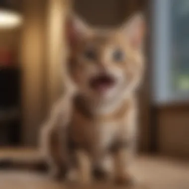 A curious kitten exhibiting panting behavior in a cozy home environment