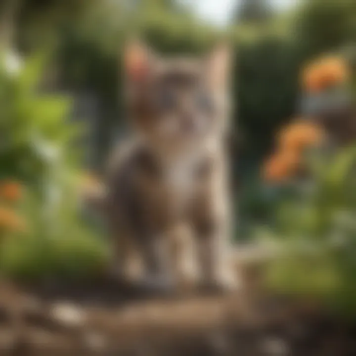 A playful kitten in a sunny garden, demonstrating natural behavior