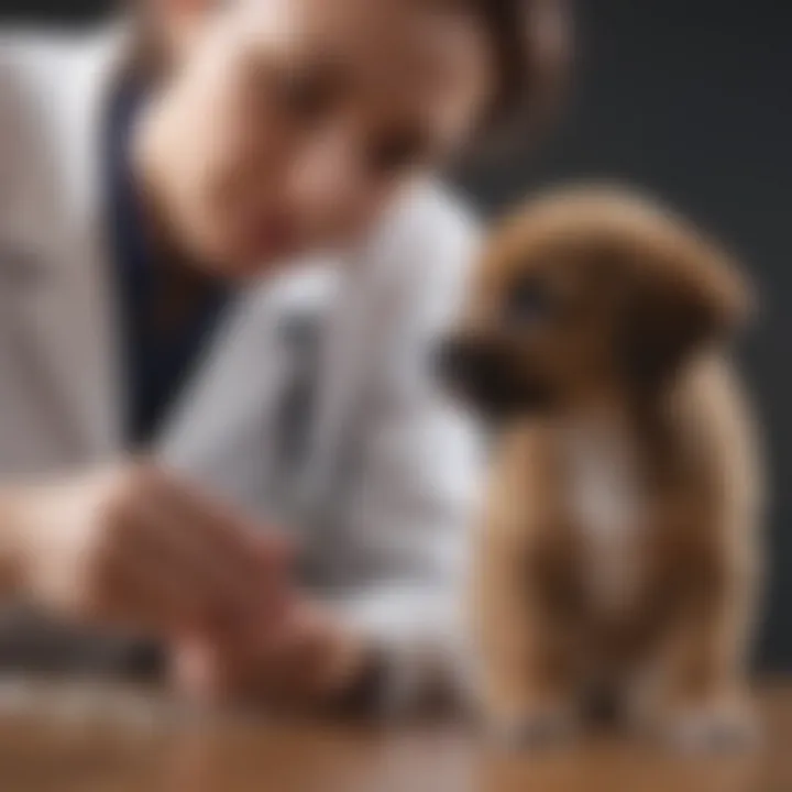 A veterinarian examining a puppy with digestive issues.