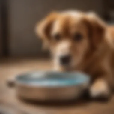 Dehydrated dog resting with a water bowl nearby