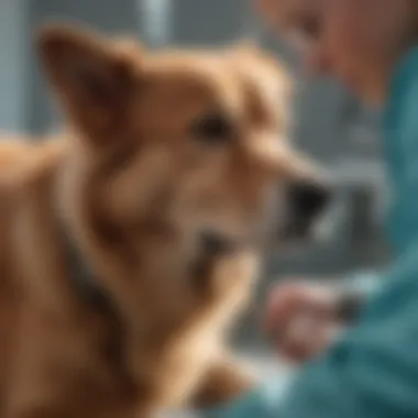 A veterinarian examining a dog with a concerned expression