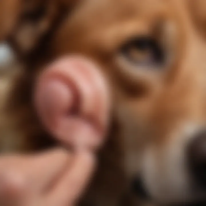 A veterinarian examining a dog's ear for signs of infection.