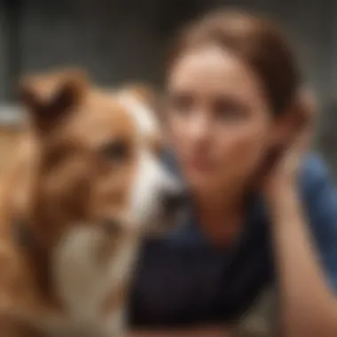 A concerned dog owner observing their pet with a worried look, illustrating the emotional aspect of pet care.