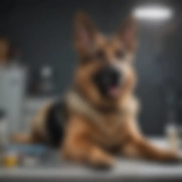 A German Shepherd on a vet's examination table