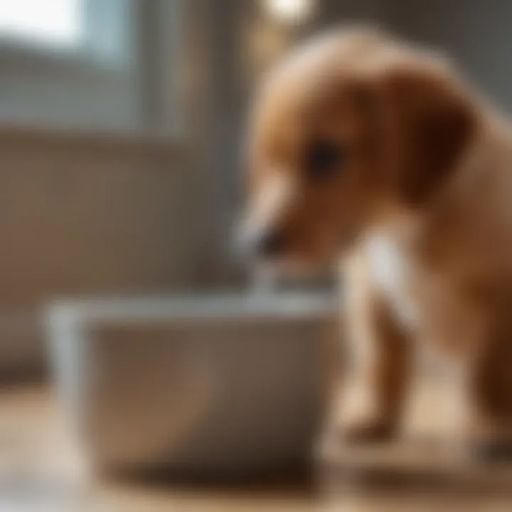 A puppy drinking fresh water from a bowl, emphasizing hydration.