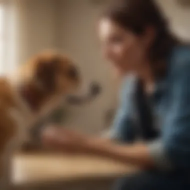 A pet owner comforting a dog showing signs of vomiting.