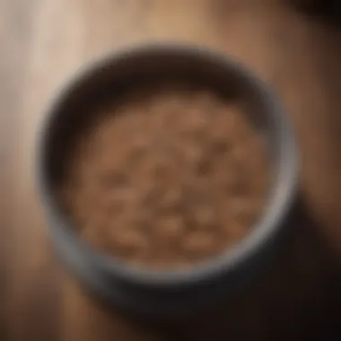 Close-up of a puppy's food bowl with various textures of food