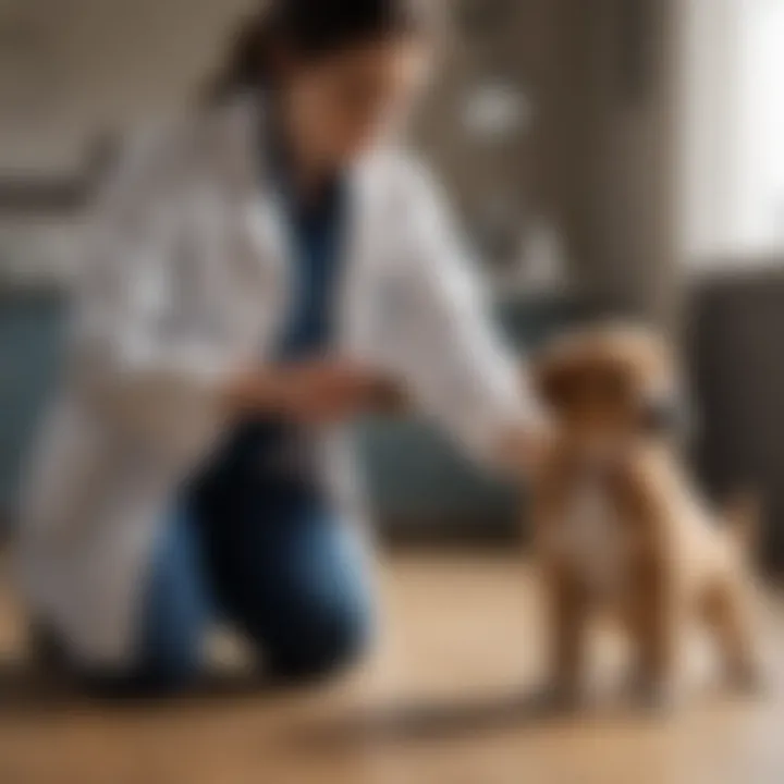 Veterinarian examining a puppy with a concerned owner