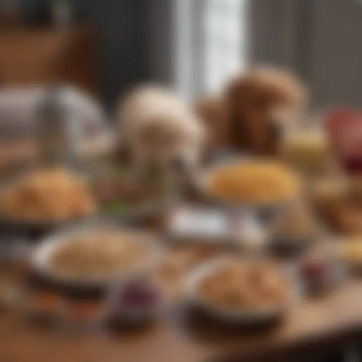 An assortment of puppy-friendly foods displayed on a table, emphasizing dietary considerations for managing diarrhea.