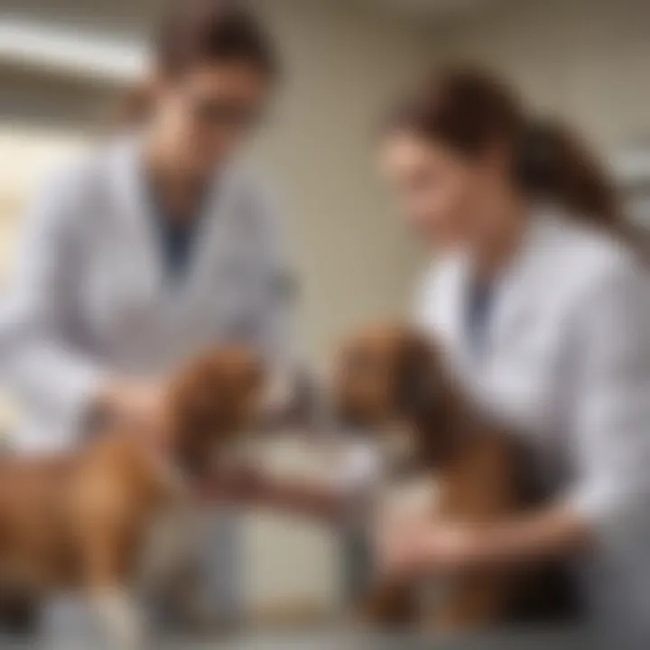 A veterinary clinic scene, showcasing a pet owner discussing their dog's health with a veterinarian.